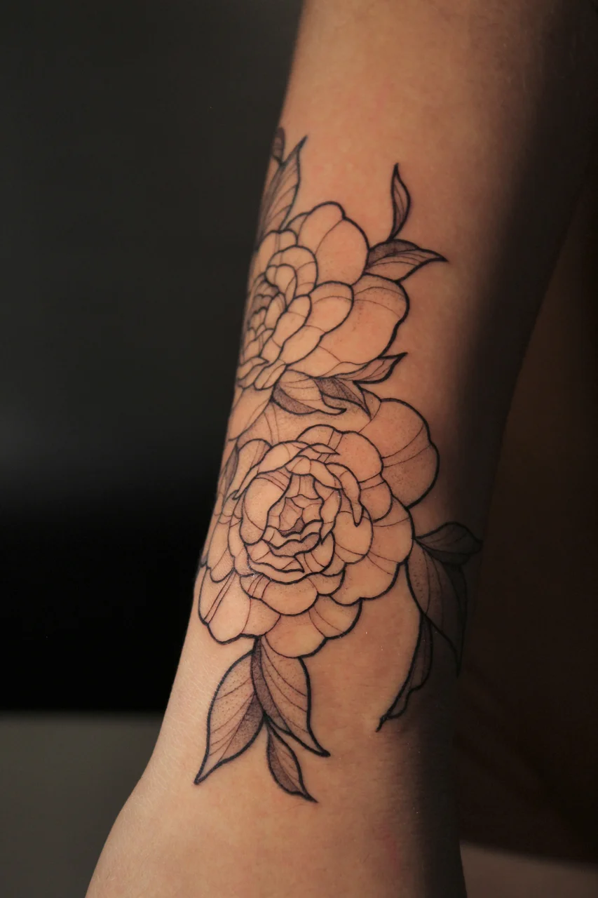 Fine script lettering tattoo on leg